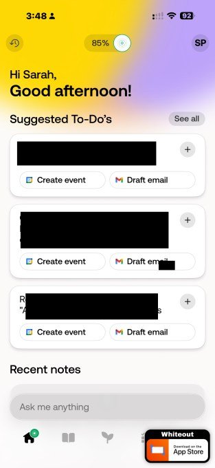 Bee app interface with redacted data