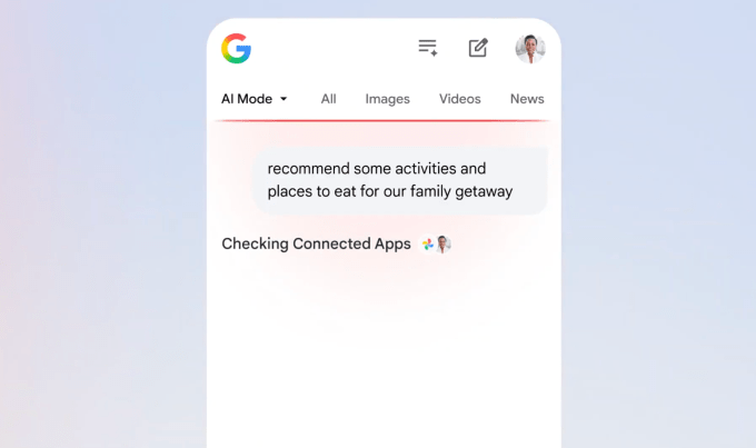 Google AI Mode interface showing personalized search results