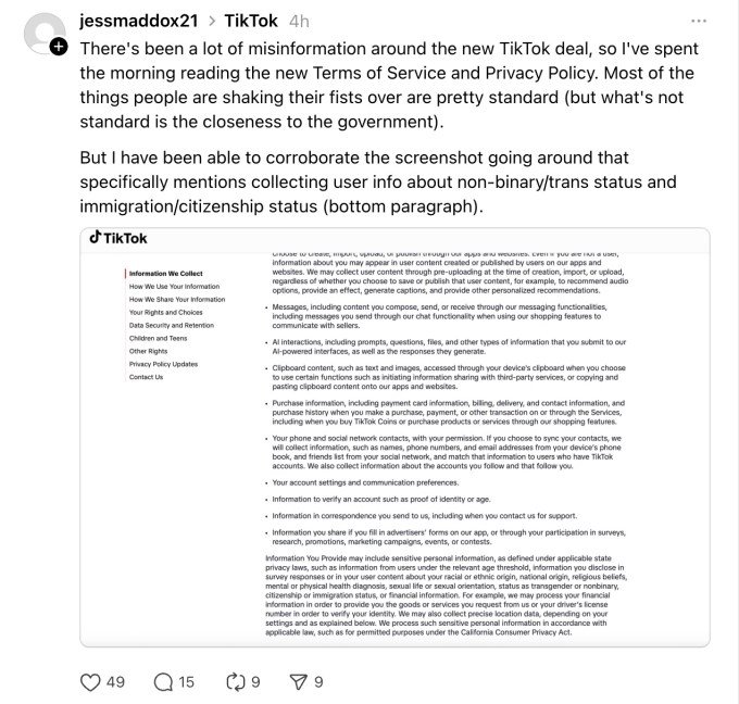 Threads post about TikTok terms
