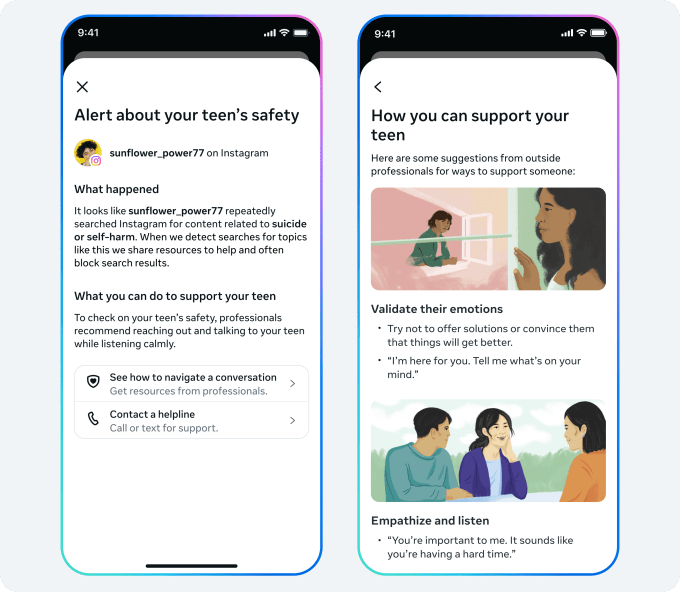 Instagram safety alert interface for parents