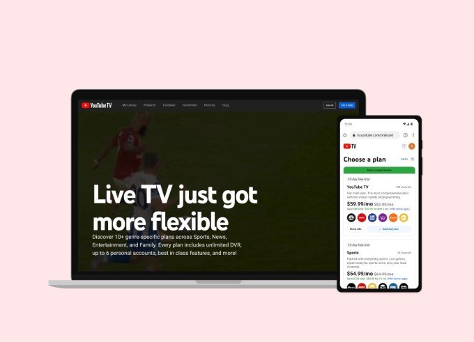 YouTube TV interface showing new plan options