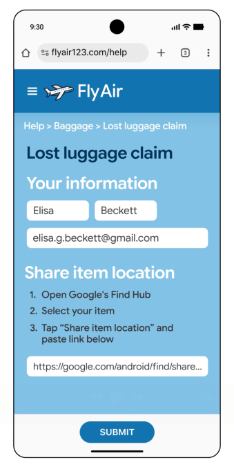 Android Find Hub luggage tracking interface