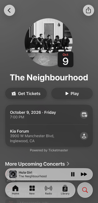 Apple Music and Ticketmaster integration interface