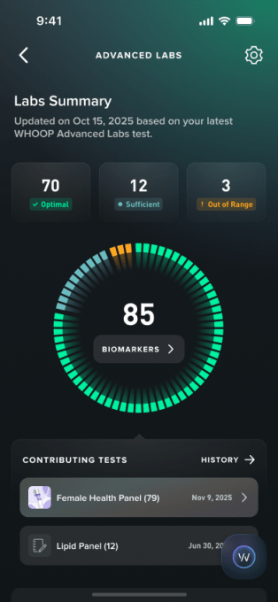 Whoop app interface displaying health metrics