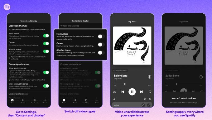 Spotify video control settings interface