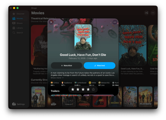 Binge app on Mac interface
