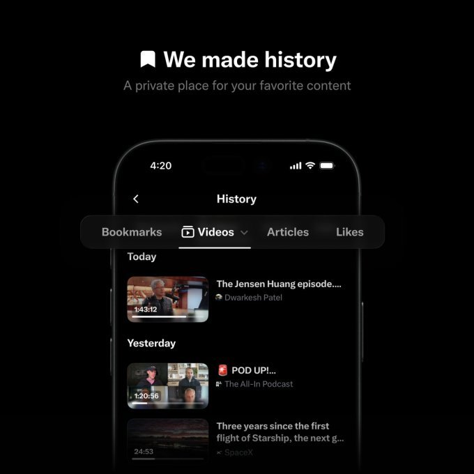 X History tab interface showing bookmarks, likes, videos, and articles